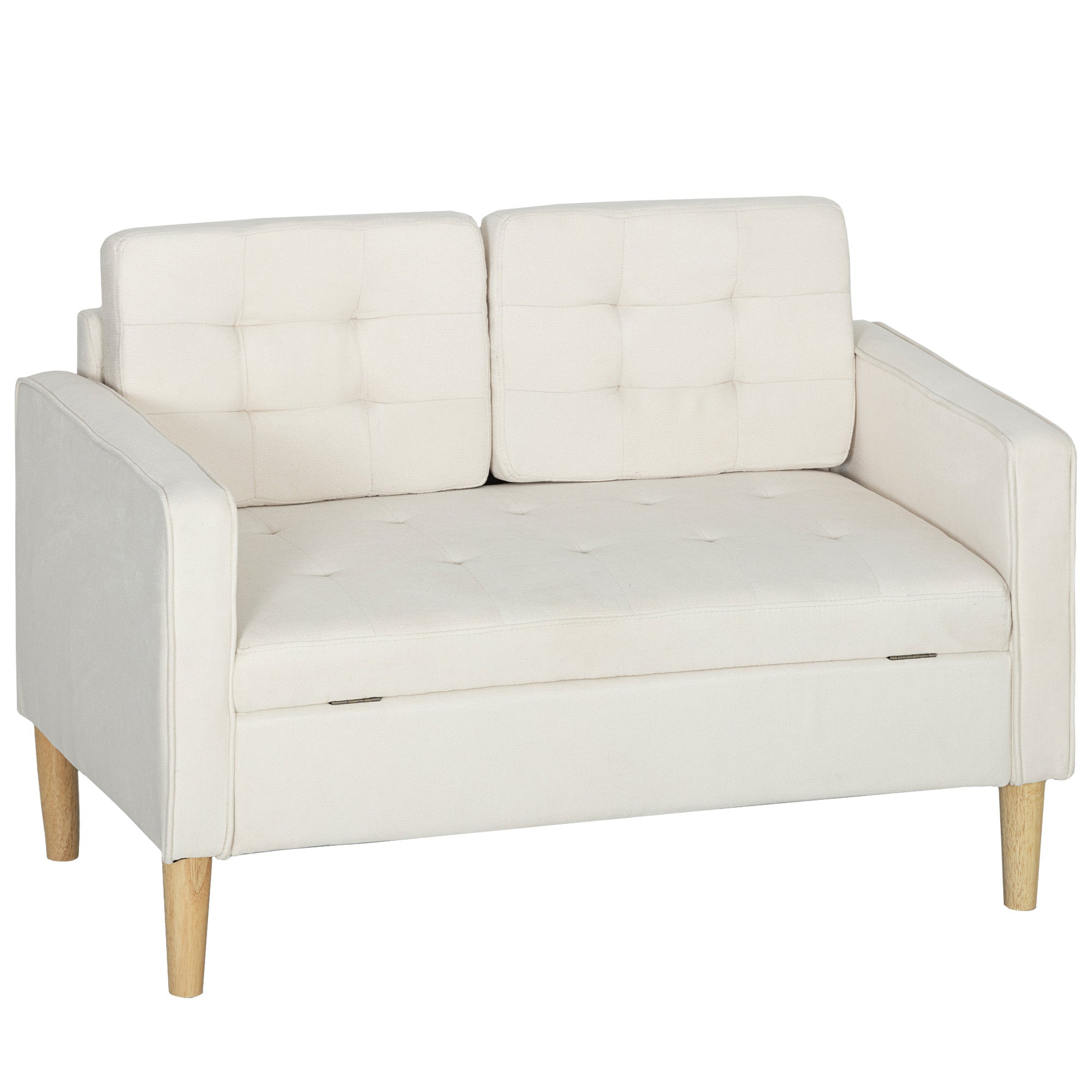 2-Seater Storage Sofa, Velvet-Effect Upholstery with Rubberwood Legs, Button-Tufted Back — 46.1 x 24.4 x 30.7 in, Cream