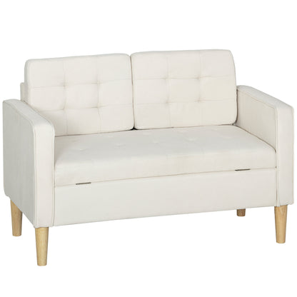 2-Seater Storage Sofa, Velvet-Effect Upholstery with Rubberwood Legs, Button-Tufted Back — 46.1 x 24.4 x 30.7 in, Cream
