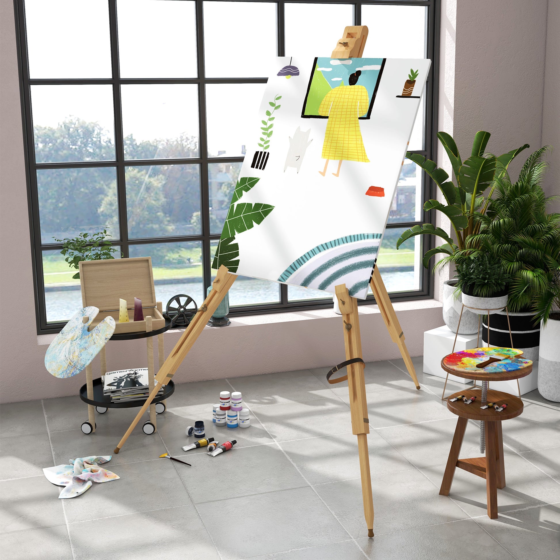Folding Field Easel, Tripod Easel, Height Adjustable Canvas Easel, Portable Studio Easel made of Beech Wood for Canvases up to 107cm Height, Natural
