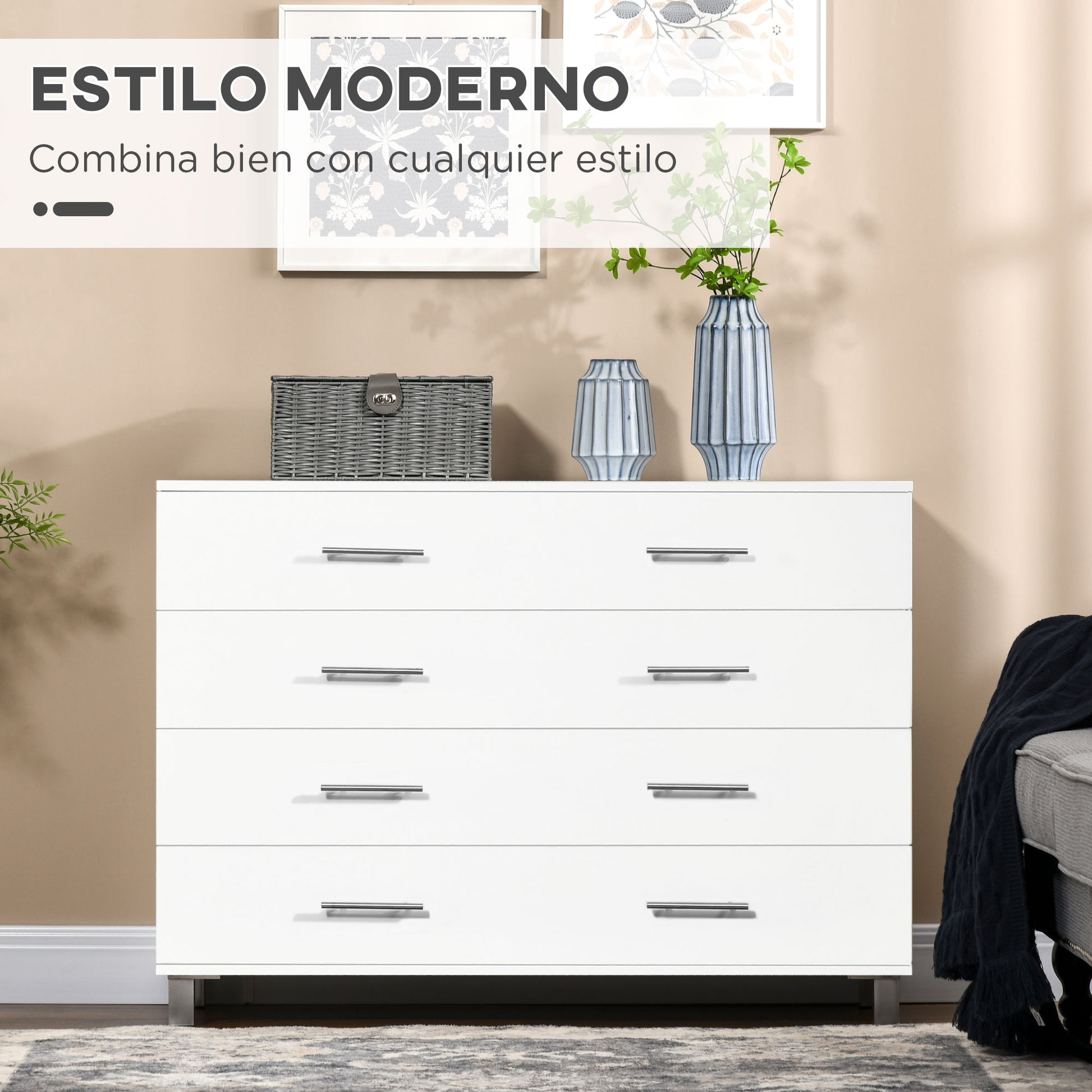 4-Drawer Chest Bedroom Dresser with Legs Modern Nightstand for Living Room Office Entryway 112x38.2x81 cm White