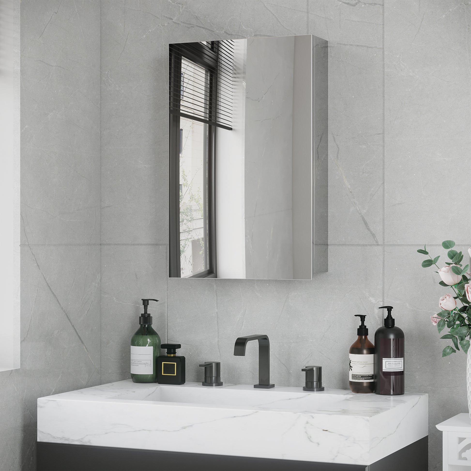 Bathroom Cabinet with Mirror Wall Mounted Hanging Bathroom Cabinet with Door and 3 Storage Shelves for Shower Toilet 39x12x60 cm Silver
