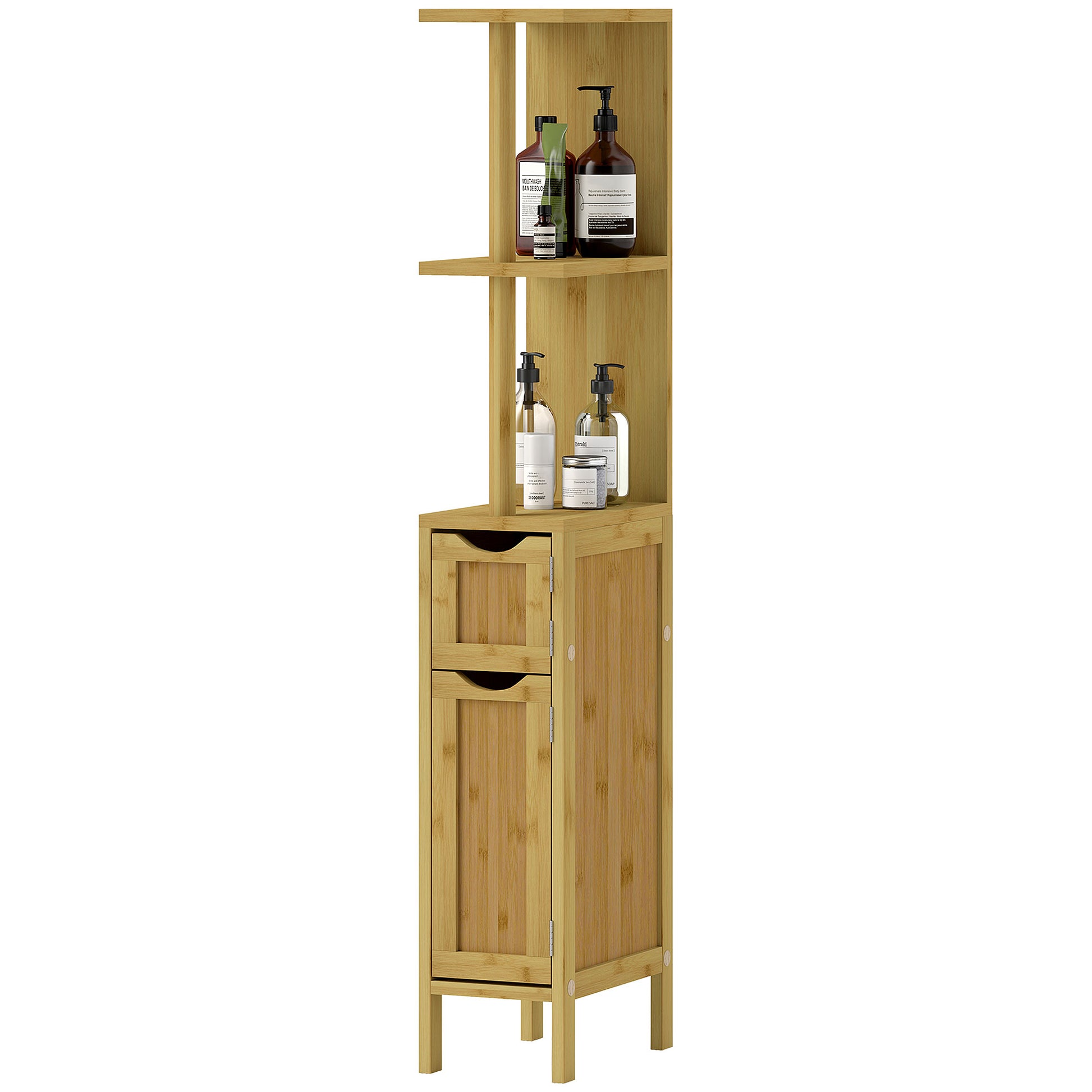 Bathroom Cabinet, Bathroom Storage Cabinet, with 2 Open Shelves, 2 Cabinets with Magnetic Doors, in Bamboo, Natural Wood
