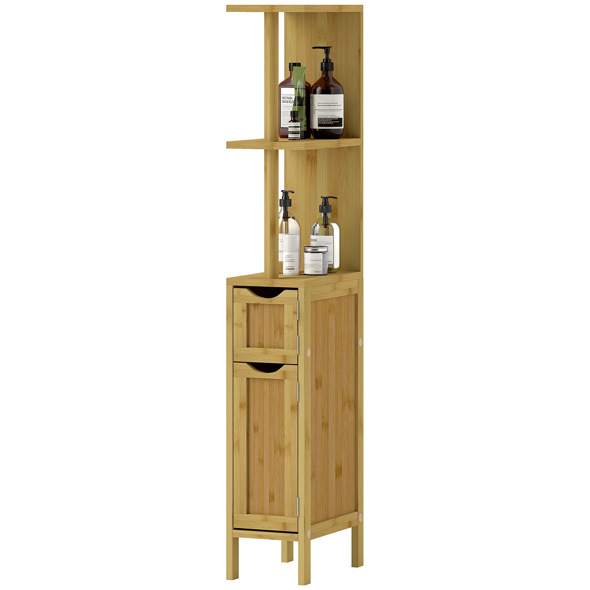 Bathroom Cabinet, Bathroom Storage Cabinet, with 2 Open Shelves, 2 Cabinets with Magnetic Doors, in Bamboo, Natural Wood