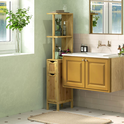 Bathroom Cabinet, Bathroom Storage Cabinet, with 2 Open Shelves, 2 Cabinets with Magnetic Doors, in Bamboo, Natural Wood