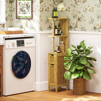 Bathroom Cabinet, Bathroom Storage Cabinet, with 2 Open Shelves, 2 Cabinets with Magnetic Doors, in Bamboo, Natural Wood