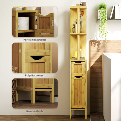 Bathroom Cabinet, Bathroom Storage Cabinet, with 2 Open Shelves, 2 Cabinets with Magnetic Doors, in Bamboo, Natural Wood