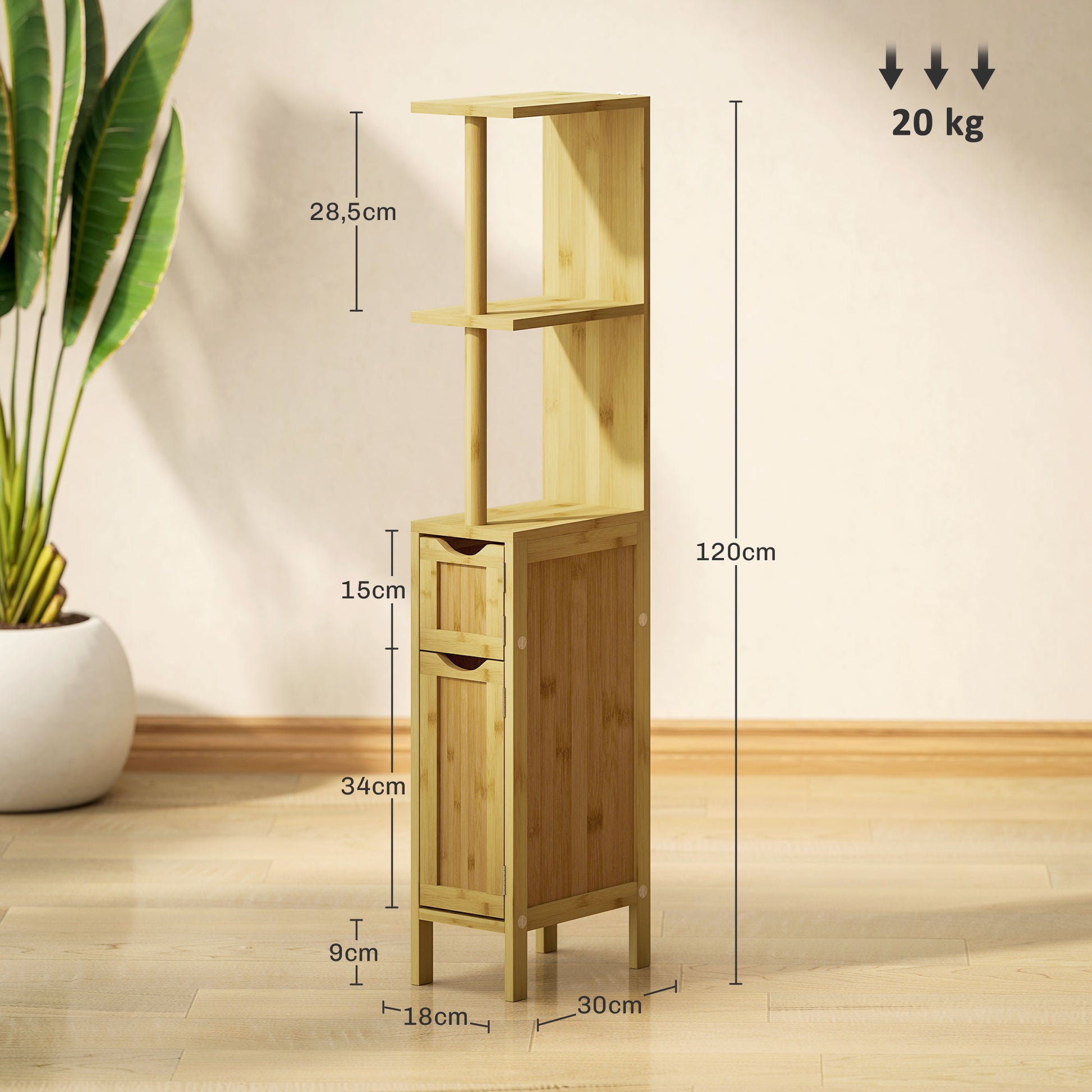 Bathroom Cabinet, Bathroom Storage Cabinet, with 2 Open Shelves, 2 Cabinets with Magnetic Doors, in Bamboo, Natural Wood