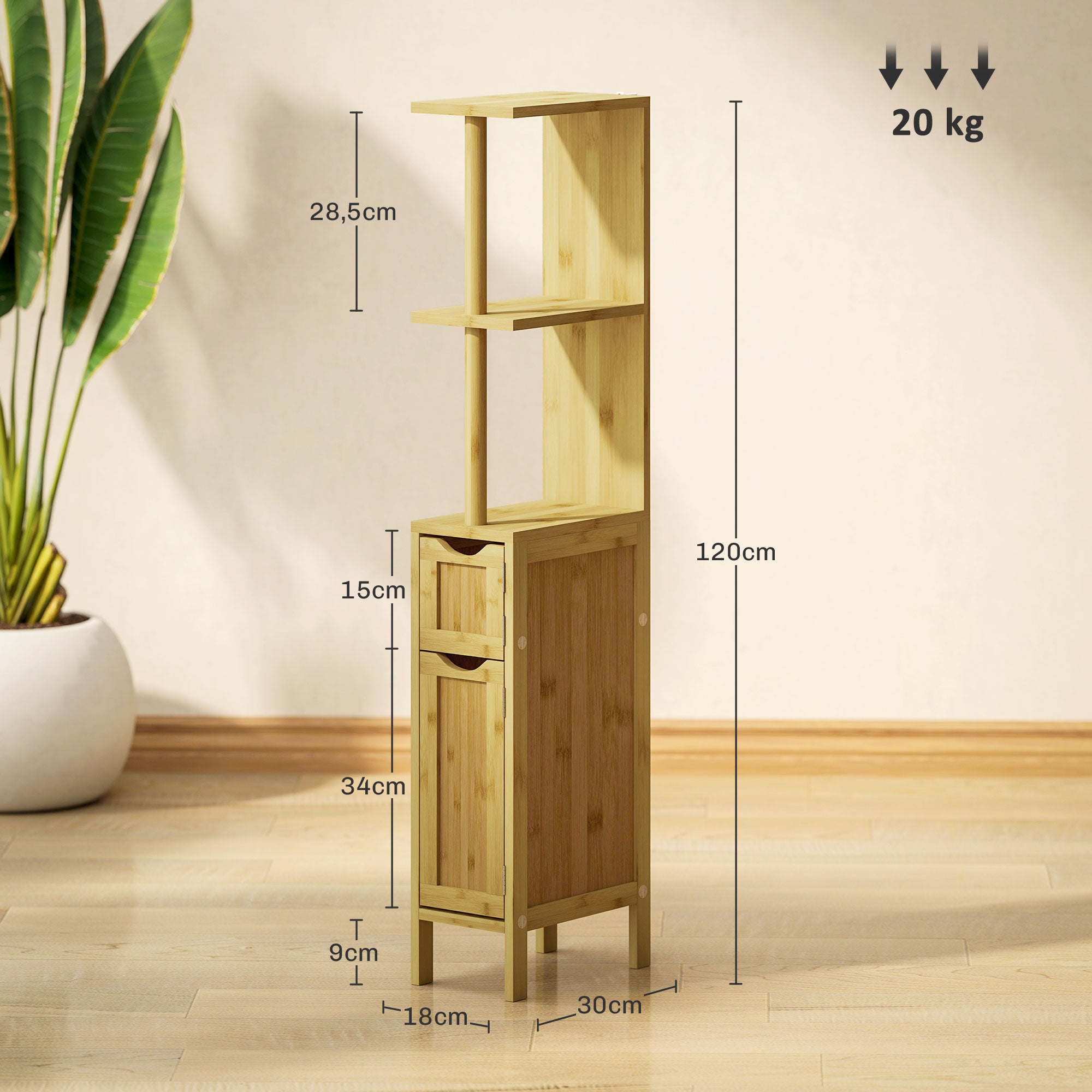Bathroom Cabinet, Bathroom Storage Cabinet, with 2 Open Shelves, 2 Cabinets with Magnetic Doors, in Bamboo, Natural Wood
