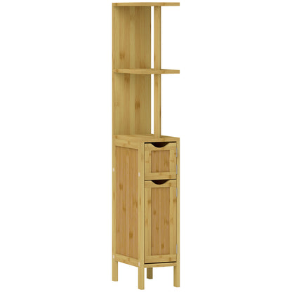 Bathroom Cabinet, Bathroom Storage Cabinet, with 2 Open Shelves, 2 Cabinets with Magnetic Doors, in Bamboo, Natural Wood