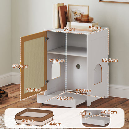 Cat Litter Box Cabinet with Removable Tray Compartments Wheels and Scratch Mat Indoor Cat Litter Box 57x50x80.5 cm White and Oak