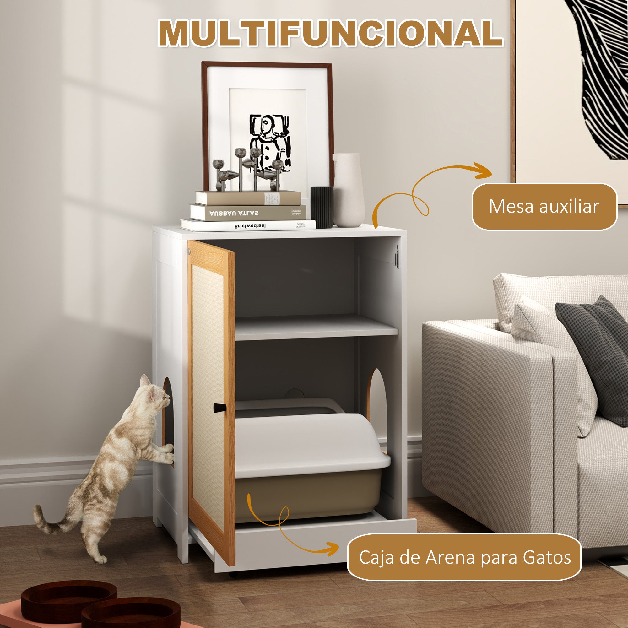 Cat Litter Box Cabinet with Removable Tray Compartments Wheels and Scratch Mat Indoor Cat Litter Box 57x50x80.5 cm White and Oak