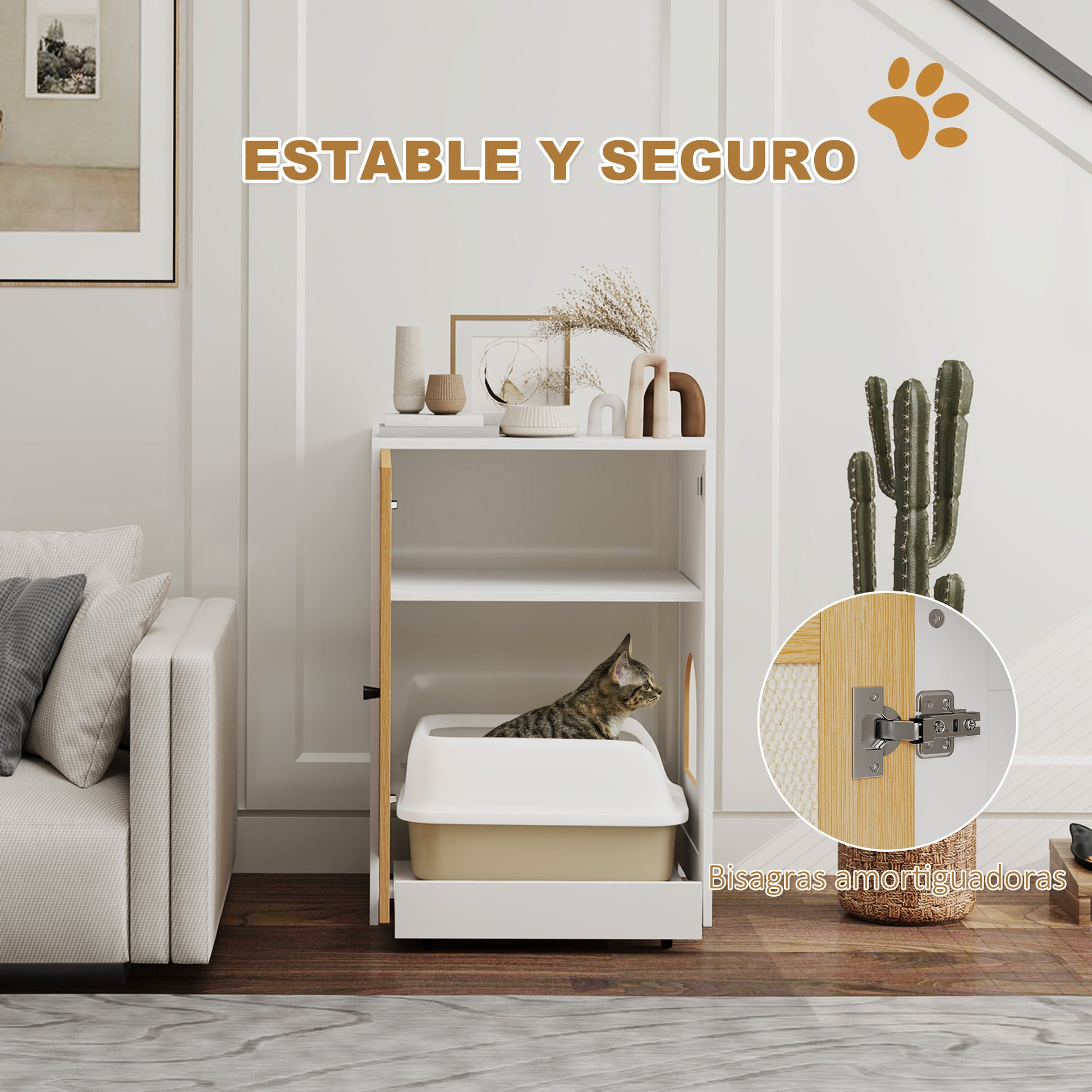 Cat Litter Box Cabinet with Removable Tray Compartments Wheels and Scratch Mat Indoor Cat Litter Box 57x50x80.5 cm White and Oak