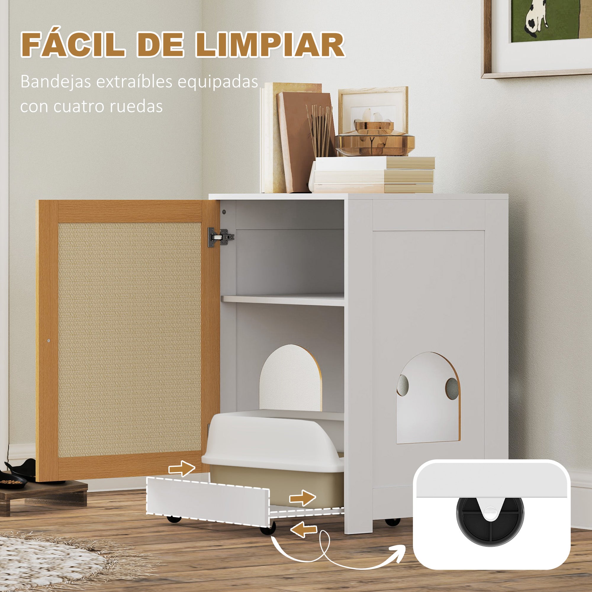 Cat Litter Box Cabinet with Removable Tray Compartments Wheels and Scratch Mat Indoor Cat Litter Box 57x50x80.5 cm White and Oak