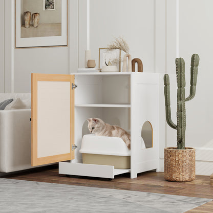 Cat Litter Box Cabinet with Removable Tray Compartments Wheels and Scratch Mat Indoor Cat Litter Box 57x50x80.5 cm White and Oak