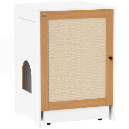 Cat Litter Box Cabinet with Removable Tray Compartments Wheels and Scratch Mat Indoor Cat Litter Box 57x50x80.5 cm White and Oak