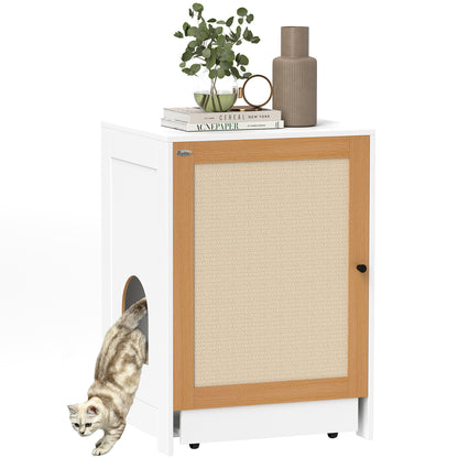 Cat Litter Box Cabinet with Removable Tray Compartments Wheels and Scratch Mat Indoor Cat Litter Box 57x50x80.5 cm White and Oak