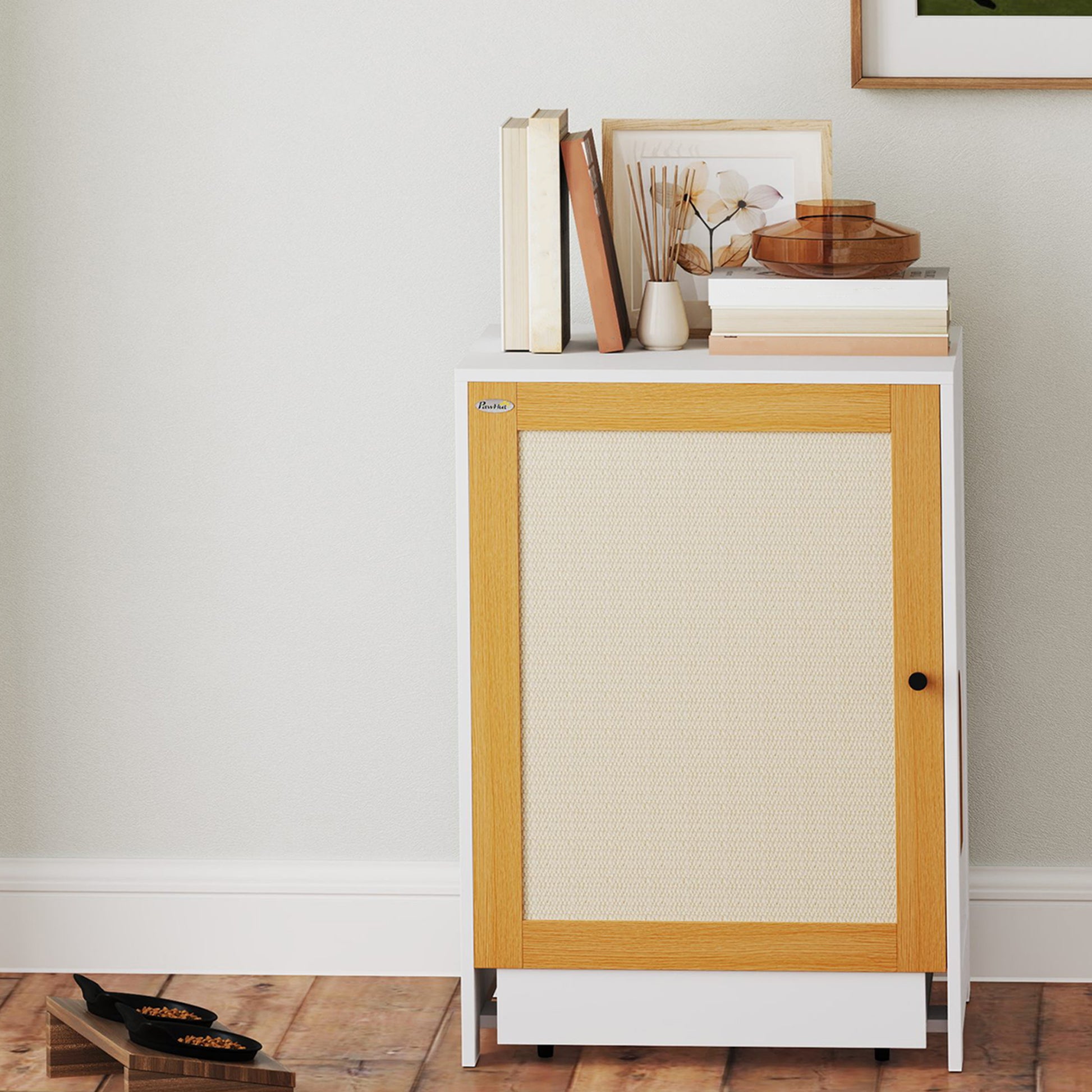 Cat Litter Box Cabinet with Removable Tray Compartments Wheels and Scratch Mat Indoor Cat Litter Box 57x50x80.5 cm White and Oak