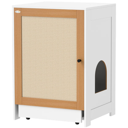 Cat Litter Box Cabinet with Removable Tray Compartments Wheels and Scratch Mat Indoor Cat Litter Box 57x50x80.5 cm White and Oak