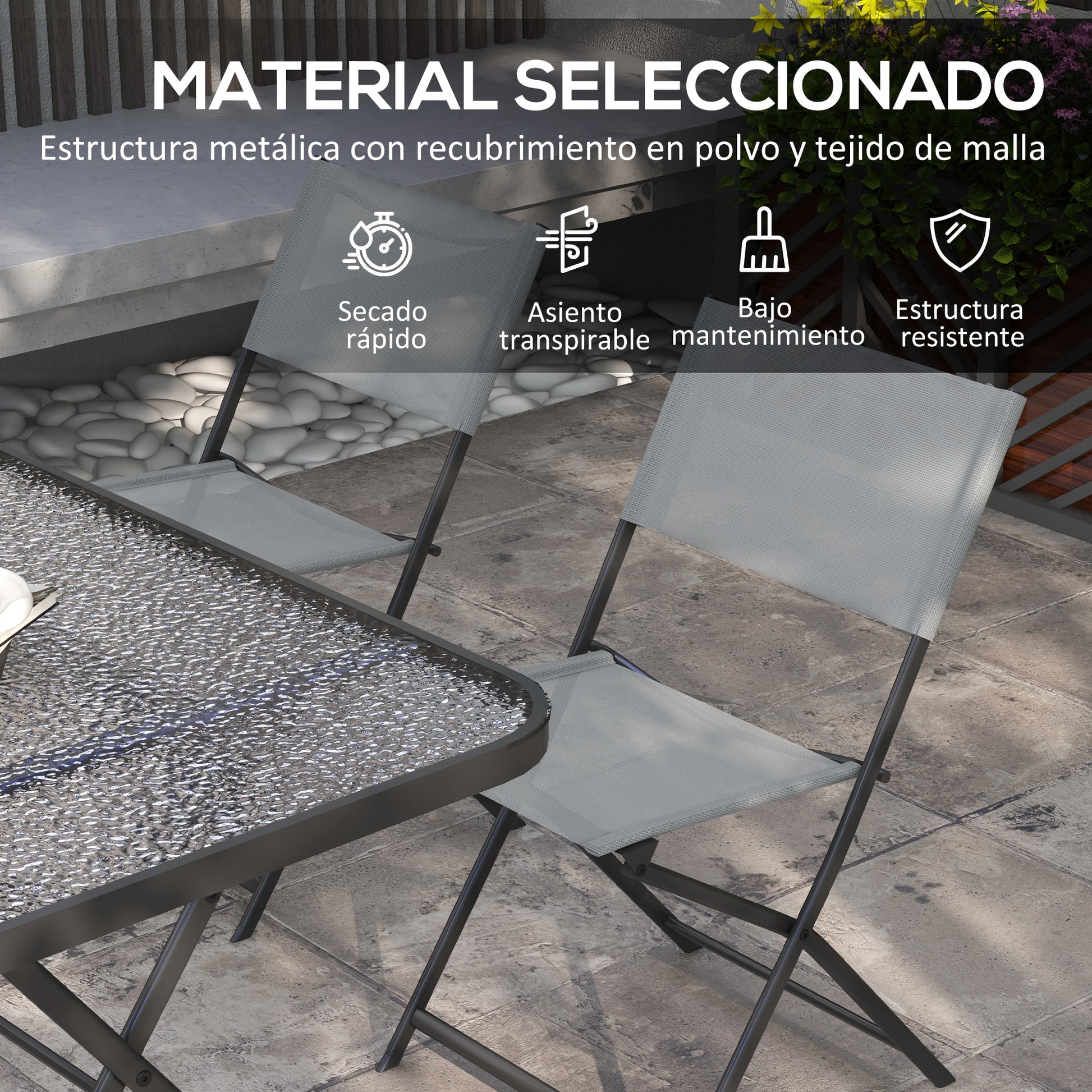 5-Piece Garden Dining Set Outdoor Dining Set Includes 1 Tempered Glass Table and 4 Folding Chairs Modern Style for Terrace Gray