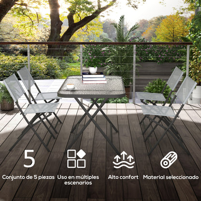 5-Piece Garden Dining Set Outdoor Dining Set Includes 1 Tempered Glass Table and 4 Folding Chairs Modern Style for Terrace Gray