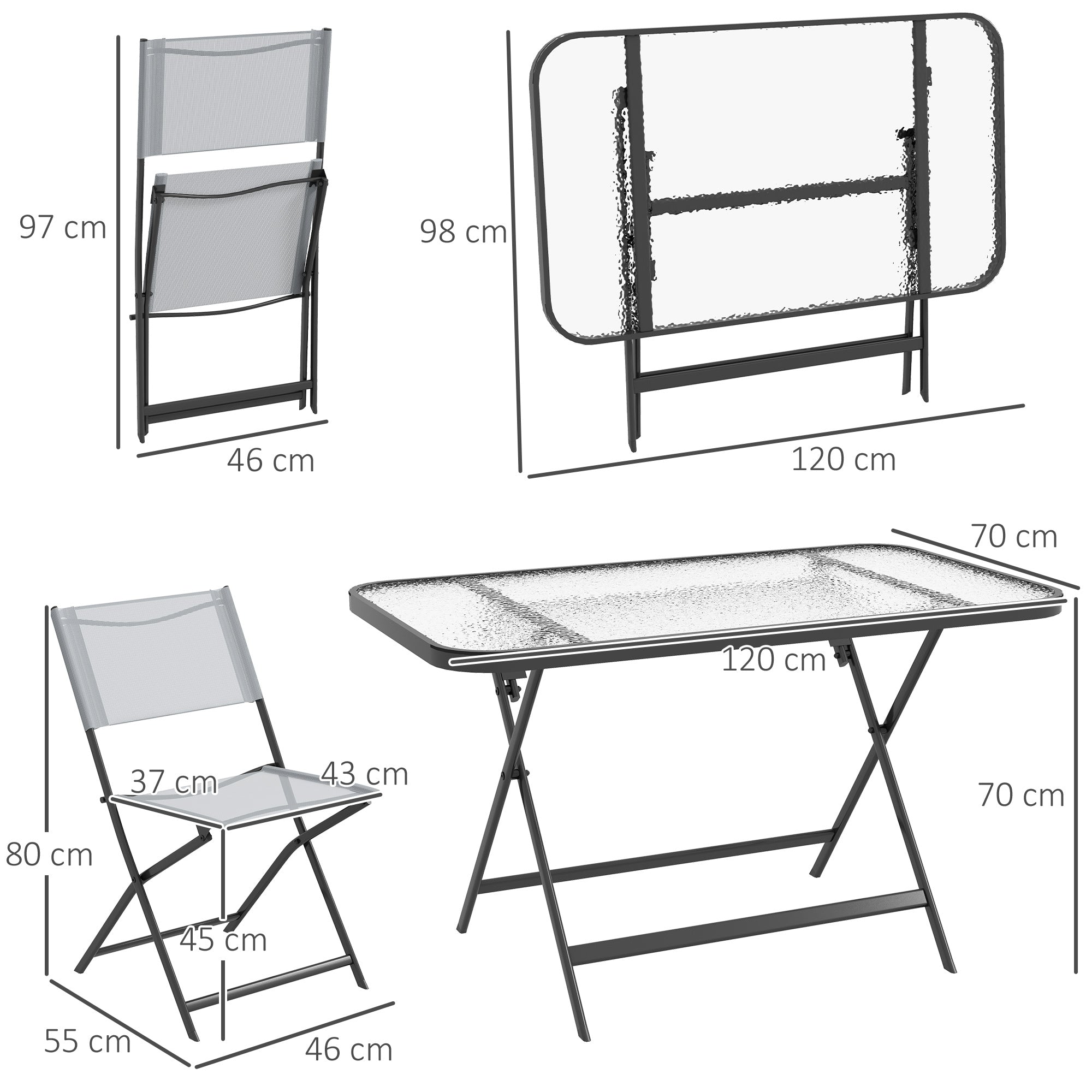 5-Piece Garden Dining Set Outdoor Dining Set Includes 1 Tempered Glass Table and 4 Folding Chairs Modern Style for Terrace Gray