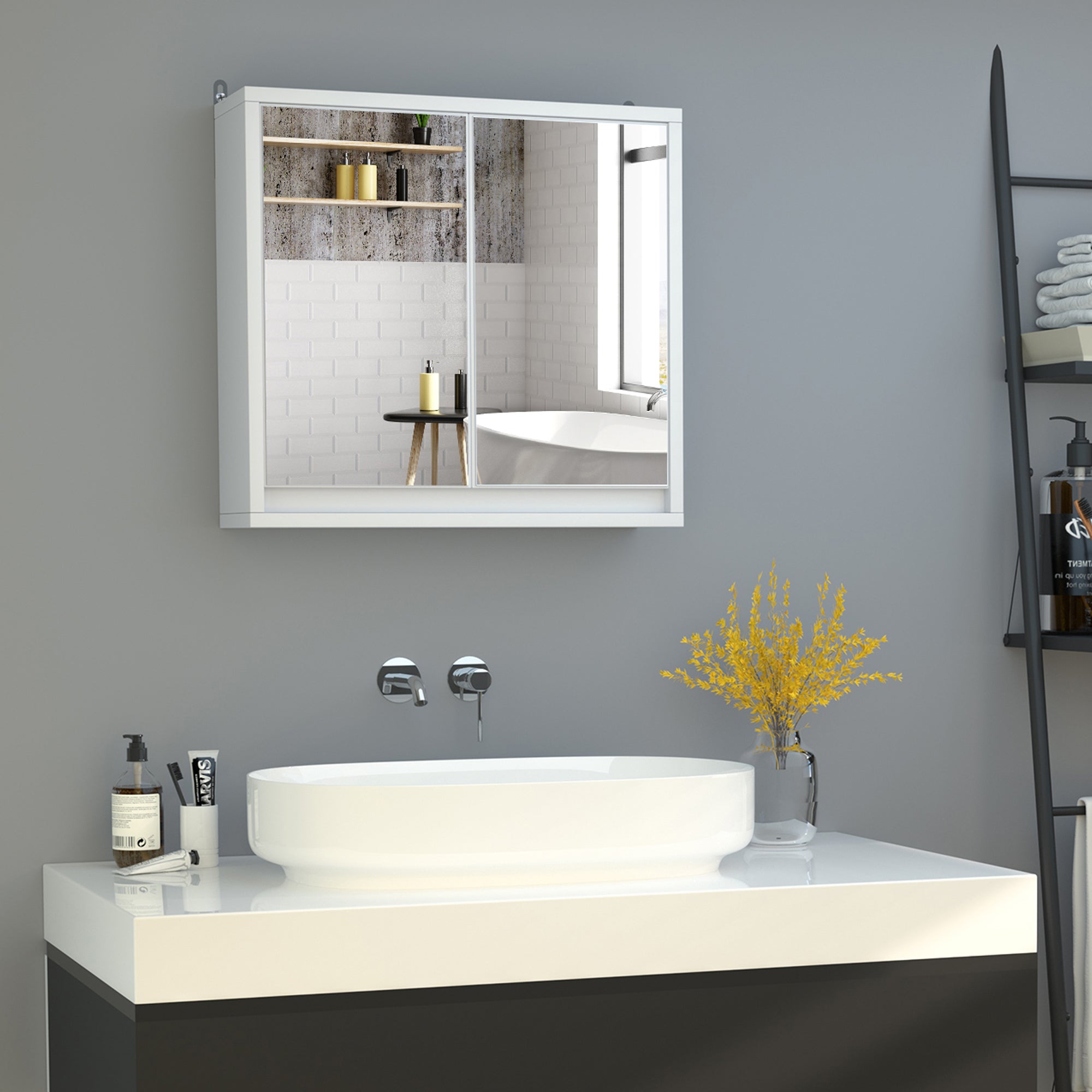 Bathroom Cabinet with Mirror with 2 Doors and Adjustable Shelf Hanging Bathroom Cabinet for Toilet Modern Style 48x14.5x45 cm White