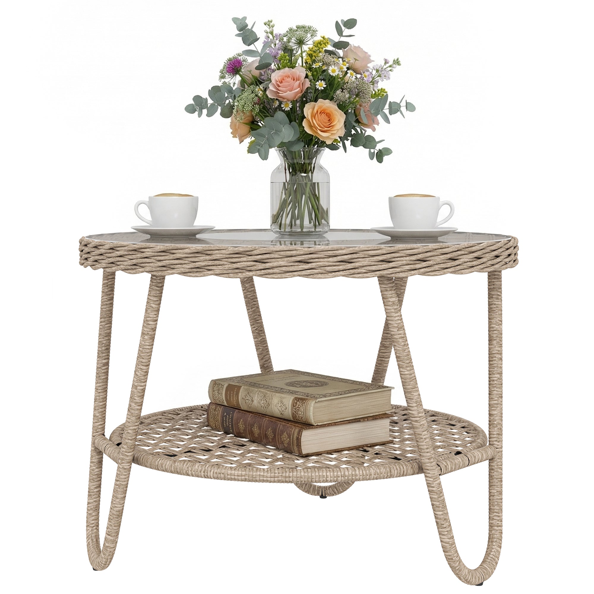 Outdoor PE Rattan Garden Side Table with Tempered Glass Top, Galvanized Metal Frame, 25.6 x 25.6 x 19.7 in (65 x 65 x 50 cm), Yellow