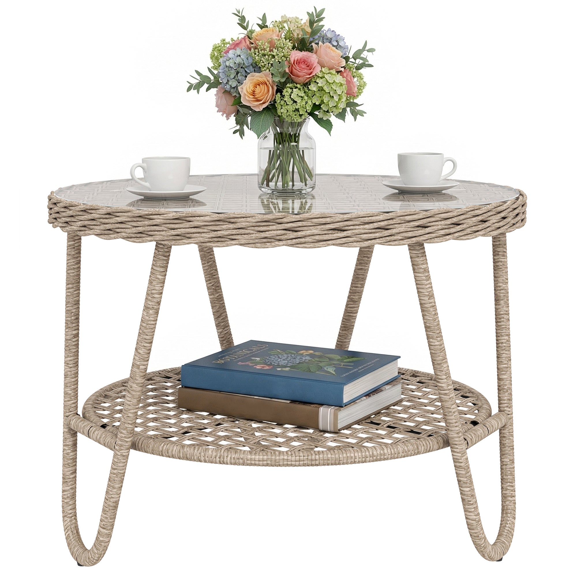 Outdoor PE Rattan Garden Side Table with Tempered Glass Top, Galvanized Metal Frame, 25.6 x 25.6 x 19.7 in (65 x 65 x 50 cm), Yellow