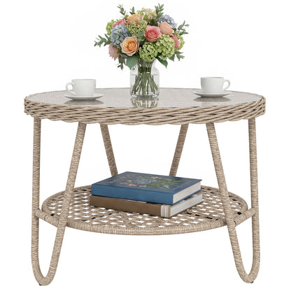 Outdoor PE Rattan Garden Side Table with Tempered Glass Top, Galvanized Metal Frame, 25.6 x 25.6 x 19.7 in (65 x 65 x 50 cm), Yellow