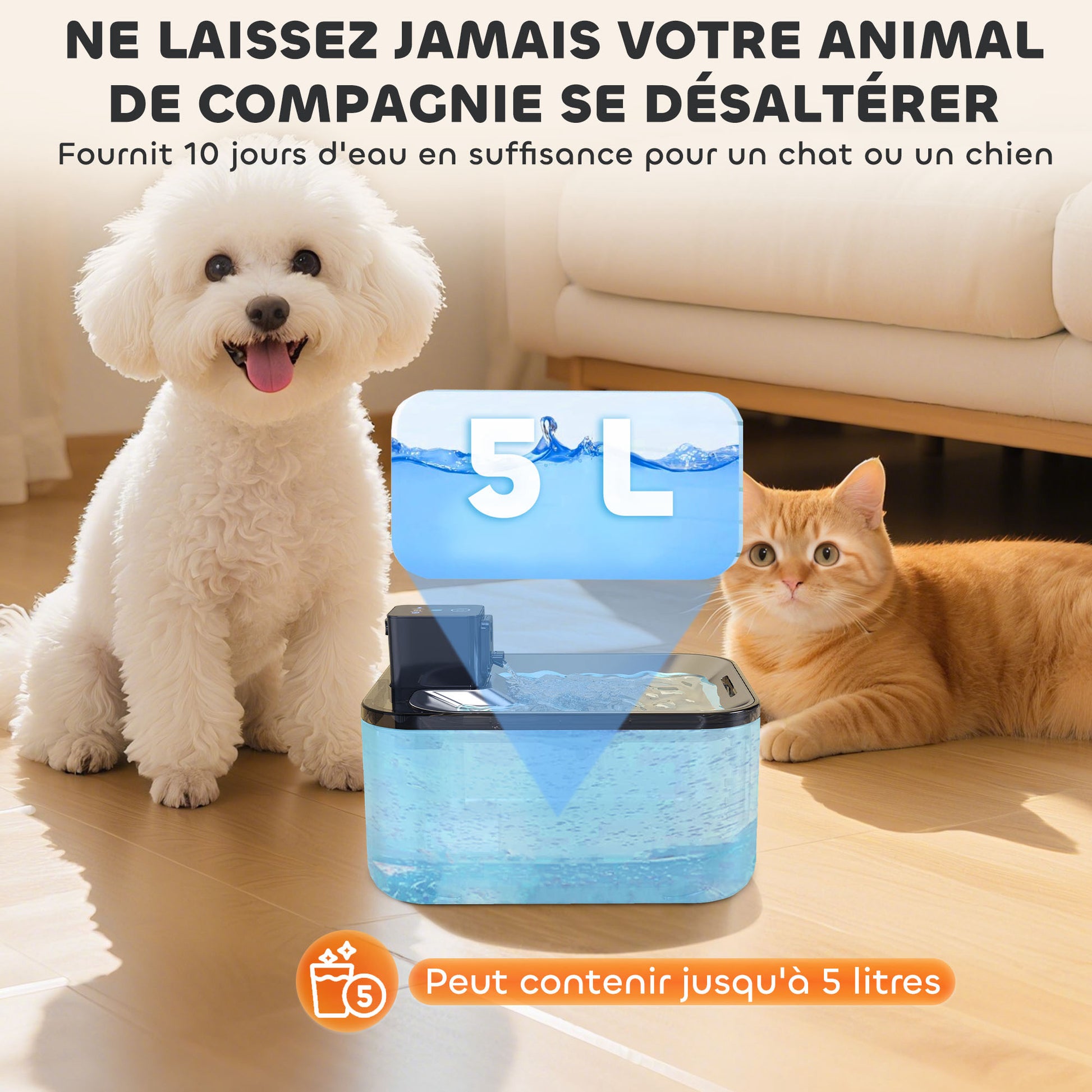 5L Stainless Steel Automatic Wireless Cat Water Fountain with LED Indicator, Ultra-Quiet Pump, 4000 mAh Battery, USB Charger Cat Water Dispenser, Multi Pets, Silver