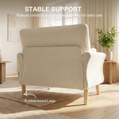 Modern Armchair with Armrests, 32.7" Wide Velvet-Look Seat, Padded Accent Chair with Cushion & Wood Legs, Cream