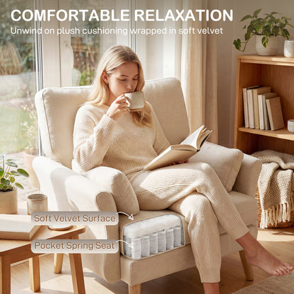 Modern Armchair with Armrests, 32.7" Wide Velvet-Look Seat, Padded Accent Chair with Cushion & Wood Legs, Cream