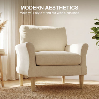 Modern Armchair with Armrests, 32.7" Wide Velvet-Look Seat, Padded Accent Chair with Cushion & Wood Legs, Cream