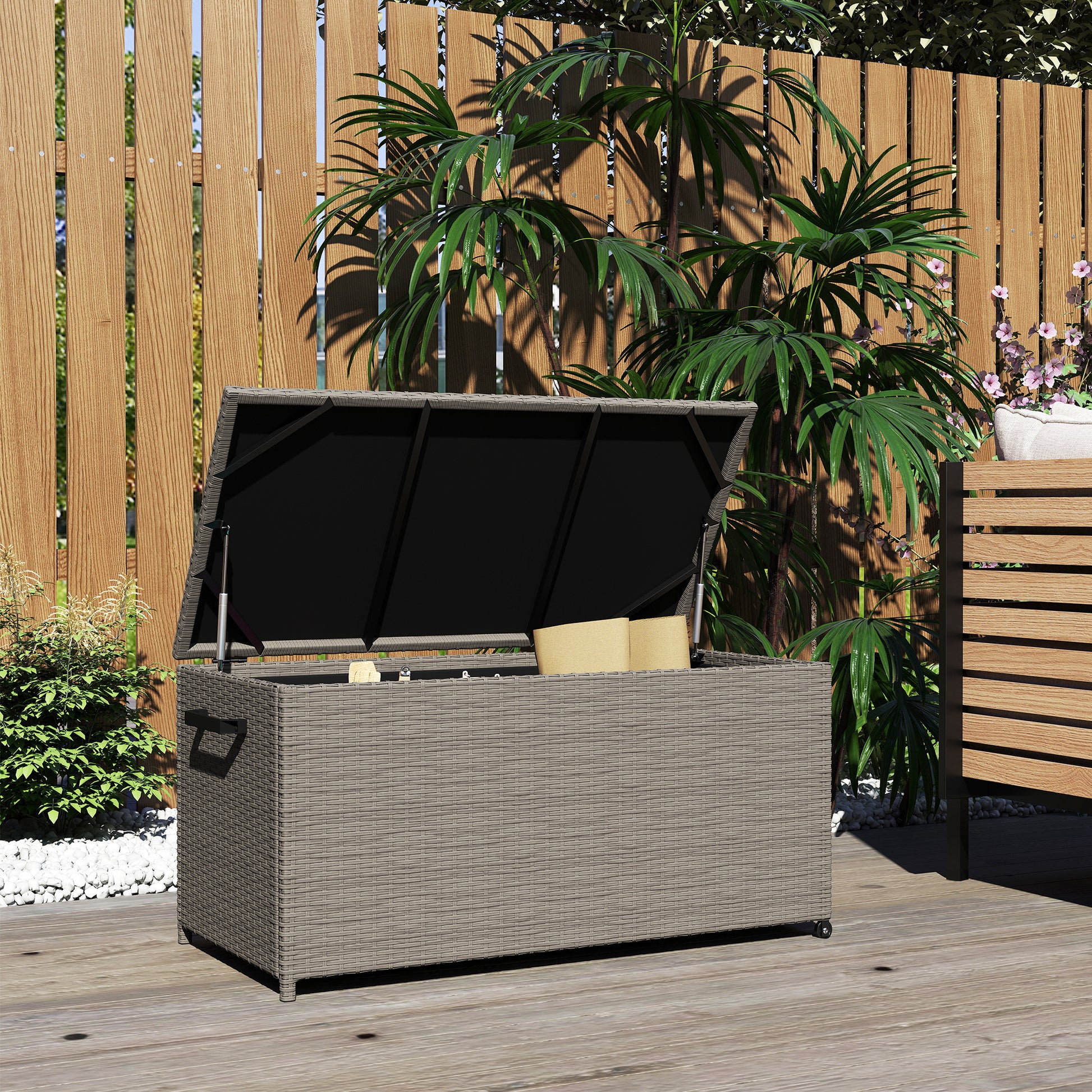 Outdoor Resin Wicker Garden Storage Chest, 184 L Outdoor Storage Chest with Wheels, Gas Struts, UV-Resistant for Outdoor, Garden, Balcony, 102 x 52 x 52 cm Grey