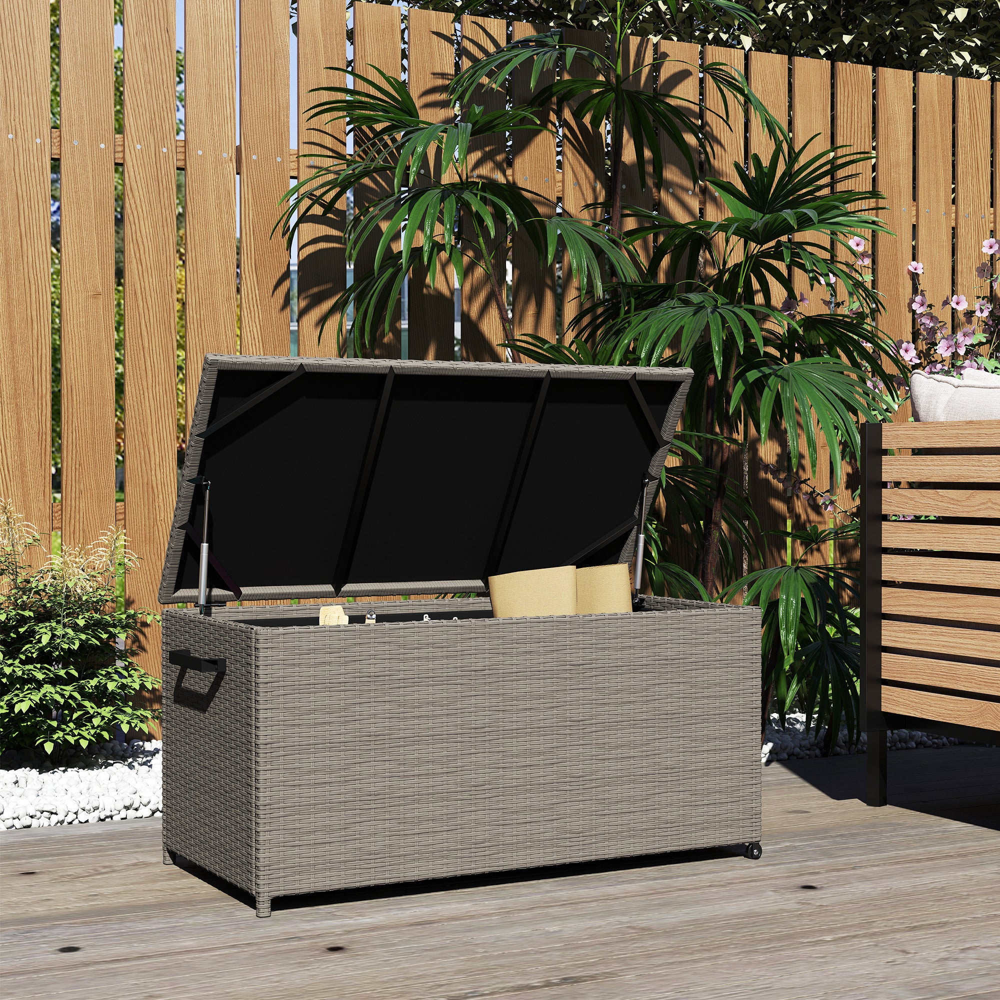 Outdoor Resin Wicker Garden Storage Chest, 184 L Outdoor Storage Chest with Wheels, Gas Struts, UV-Resistant for Outdoor, Garden, Balcony, 102 x 52 x 52 cm Grey
