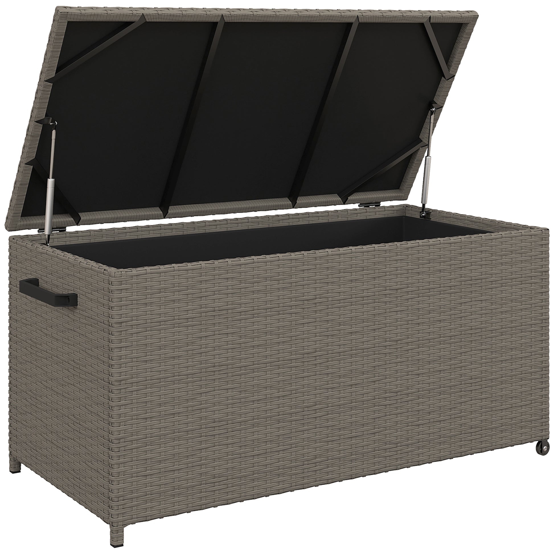 Outdoor Resin Wicker Garden Storage Chest, 184 L Outdoor Storage Chest with Wheels, Gas Struts, UV-Resistant for Outdoor, Garden, Balcony, 102 x 52 x 52 cm Grey