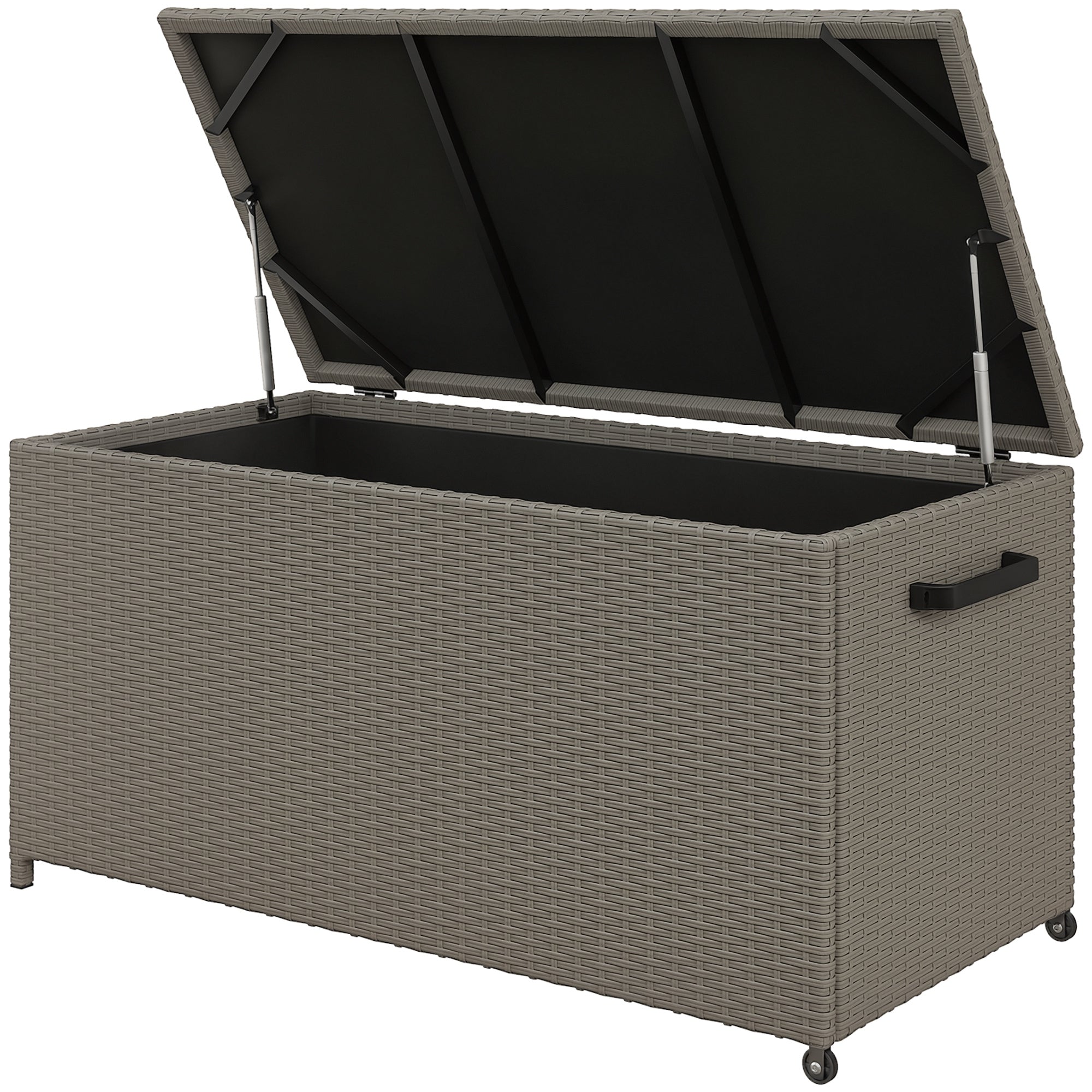 Outdoor Resin Wicker Garden Storage Chest, 184 L Outdoor Storage Chest with Wheels, Gas Struts, UV-Resistant for Outdoor, Garden, Balcony, 102 x 52 x 52 cm Grey
