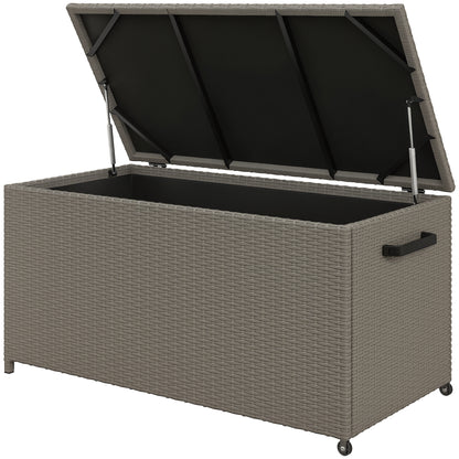 Outdoor Resin Wicker Garden Storage Chest, 184 L Outdoor Storage Chest with Wheels, Gas Struts, UV-Resistant for Outdoor, Garden, Balcony, 102 x 52 x 52 cm Grey