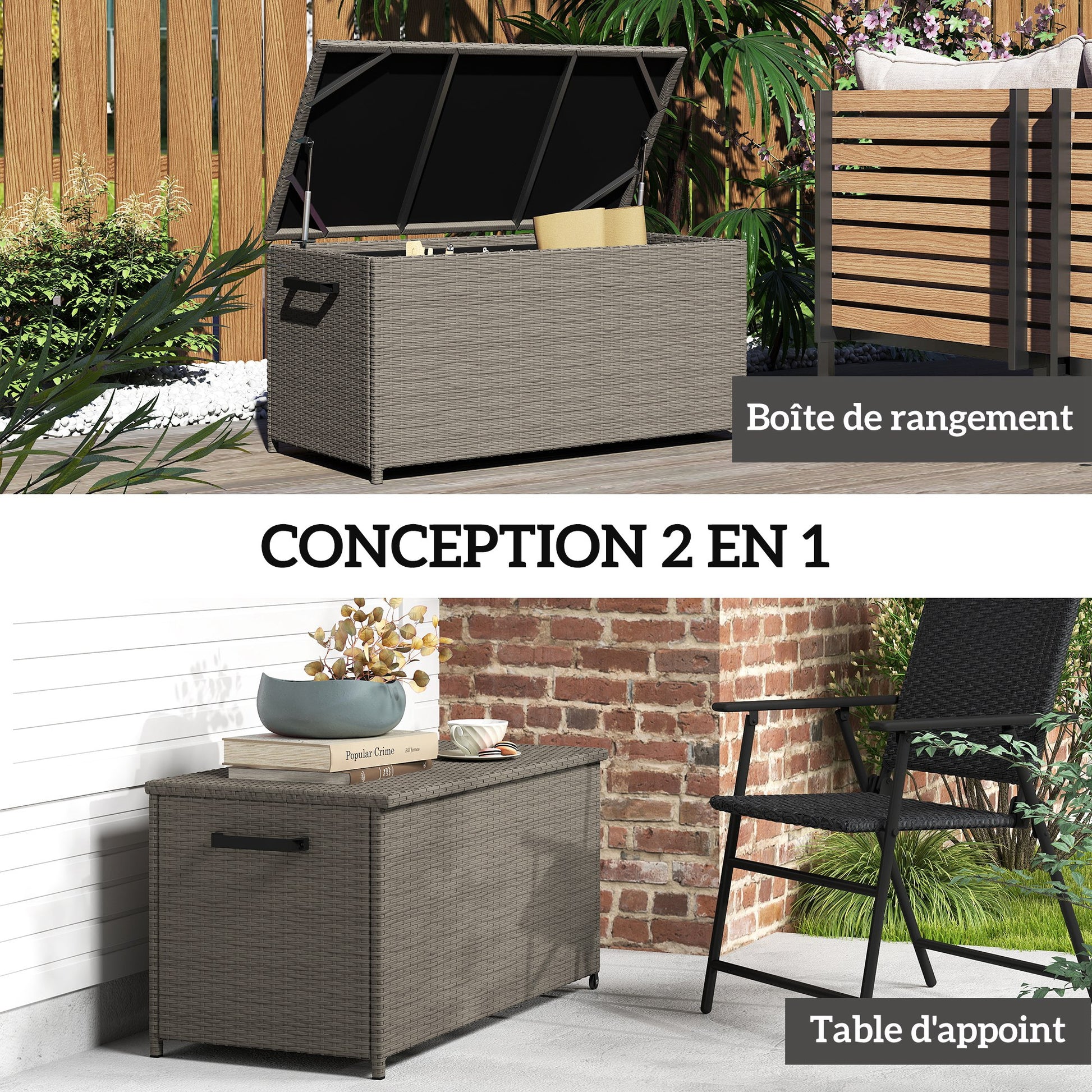 Outdoor Resin Wicker Garden Storage Chest, 184 L Outdoor Storage Chest with Wheels, Gas Struts, UV-Resistant for Outdoor, Garden, Balcony, 102 x 52 x 52 cm Grey