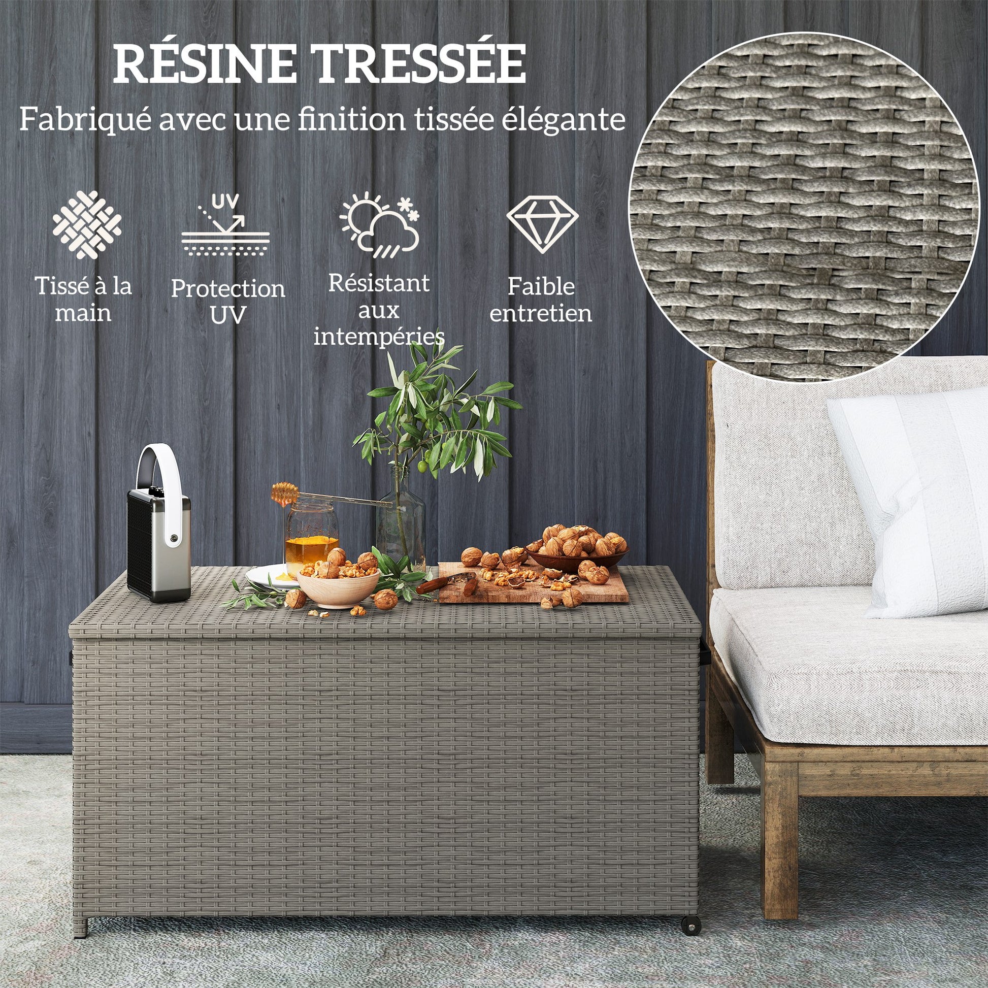 Outdoor Resin Wicker Garden Storage Chest, 184 L Outdoor Storage Chest with Wheels, Gas Struts, UV-Resistant for Outdoor, Garden, Balcony, 102 x 52 x 52 cm Grey