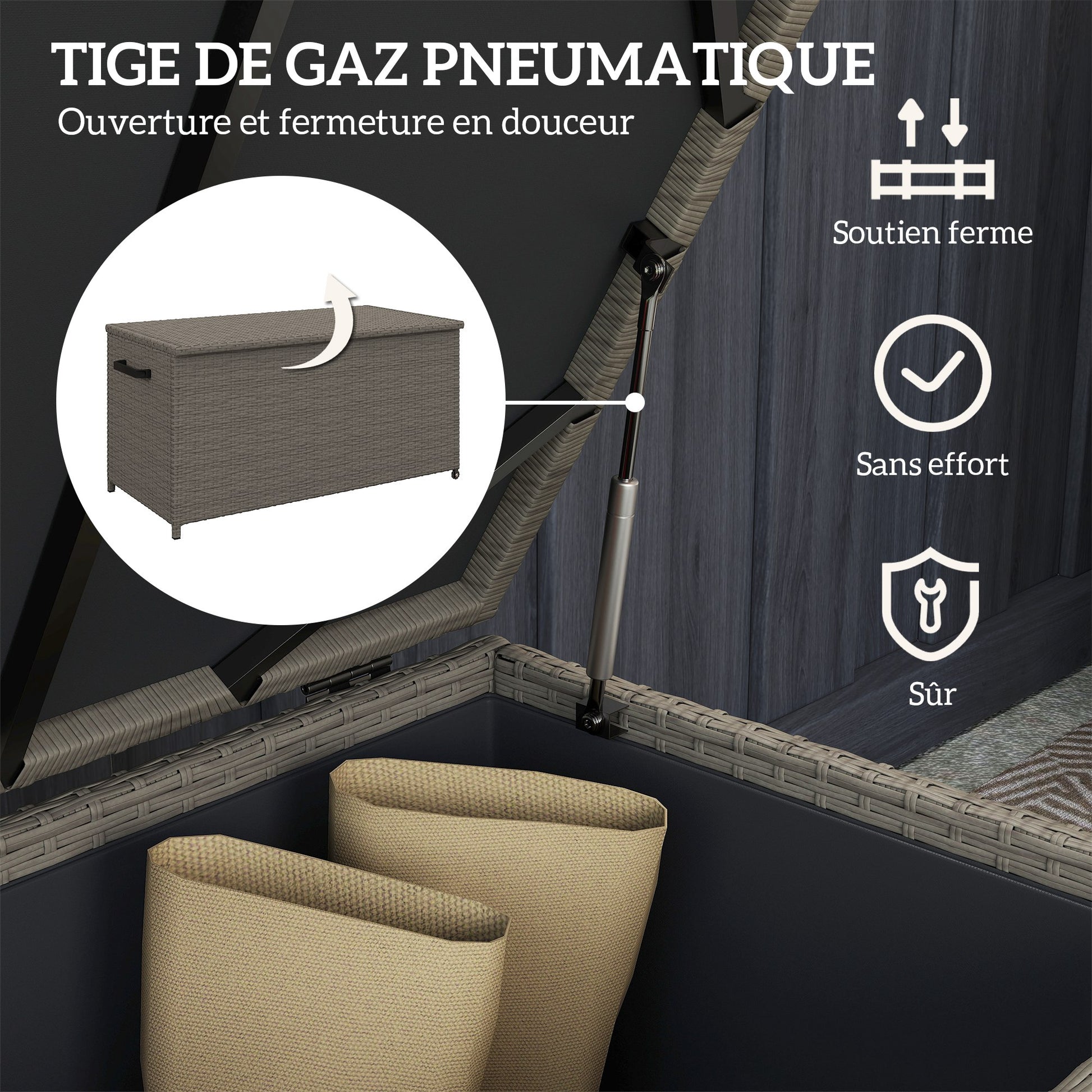 Outdoor Resin Wicker Garden Storage Chest, 184 L Outdoor Storage Chest with Wheels, Gas Struts, UV-Resistant for Outdoor, Garden, Balcony, 102 x 52 x 52 cm Grey