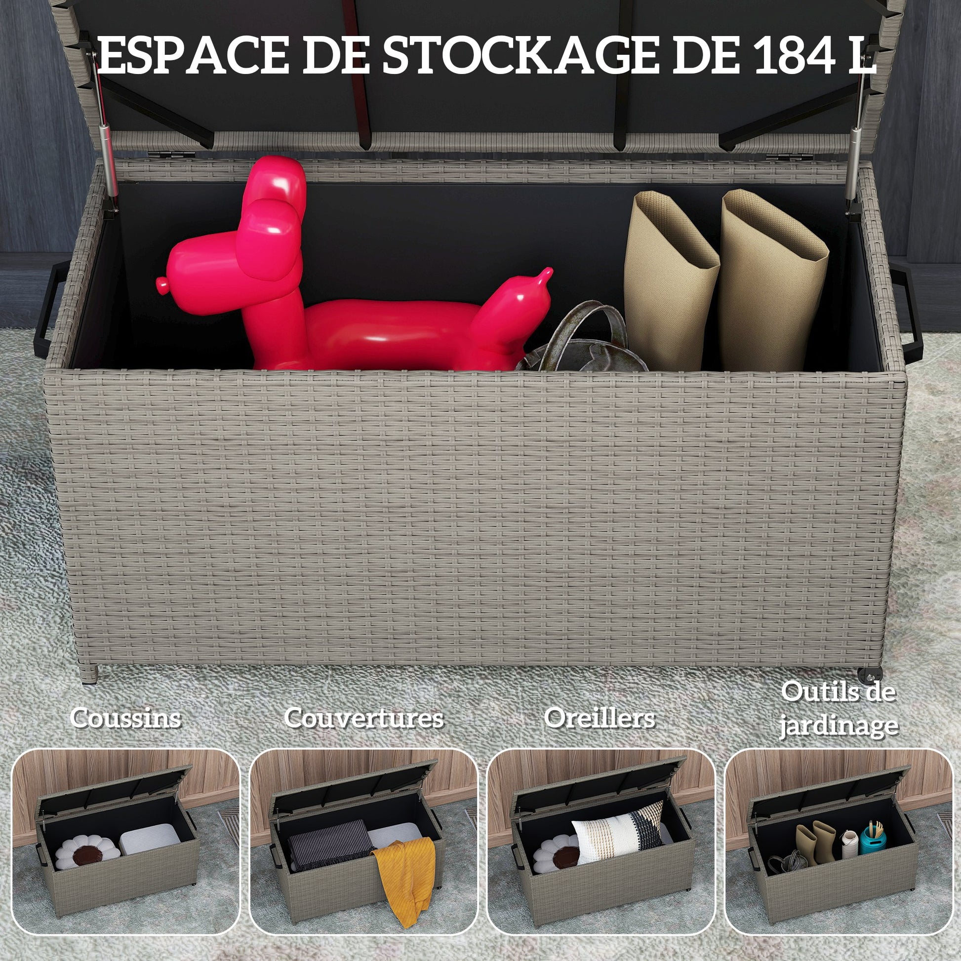 Outdoor Resin Wicker Garden Storage Chest, 184 L Outdoor Storage Chest with Wheels, Gas Struts, UV-Resistant for Outdoor, Garden, Balcony, 102 x 52 x 52 cm Grey