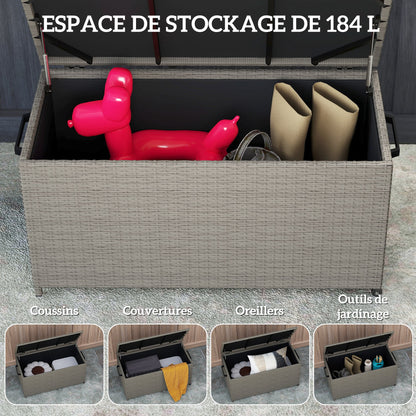 Outdoor Resin Wicker Garden Storage Chest, 184 L Outdoor Storage Chest with Wheels, Gas Struts, UV-Resistant for Outdoor, Garden, Balcony, 102 x 52 x 52 cm Grey