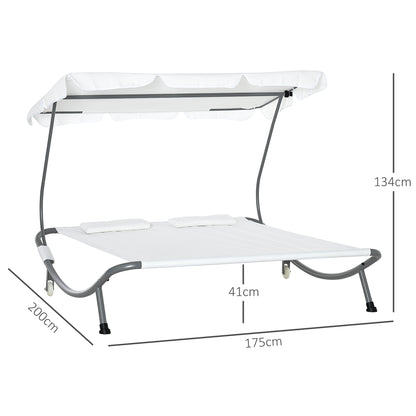 Sun Lounger with Wheels, Camping Bed with Headrest, UV-Resistant and Water-Repellent Canopy, Garden Bed Sun Lounger Holds Up to 220kg, Cream White, for Balcony, Garden