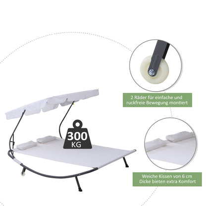 Sun Lounger with Wheels, Camping Bed with Headrest, UV-Resistant and Water-Repellent Canopy, Garden Bed Sun Lounger Holds Up to 220kg, Cream White, for Balcony, Garden