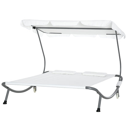 Sun Lounger with Wheels, Camping Bed with Headrest, UV-Resistant and Water-Repellent Canopy, Garden Bed Sun Lounger Holds Up to 220kg, Cream White, for Balcony, Garden