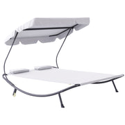 Sun Lounger with Wheels, Camping Bed with Headrest, UV-Resistant and Water-Repellent Canopy, Garden Bed Sun Lounger Holds Up to 220kg, Cream White, for Balcony, Garden