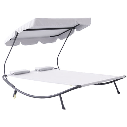Sun Lounger with Wheels, Camping Bed with Headrest, UV-Resistant and Water-Repellent Canopy, Garden Bed Sun Lounger Holds Up to 220kg, Cream White, for Balcony, Garden