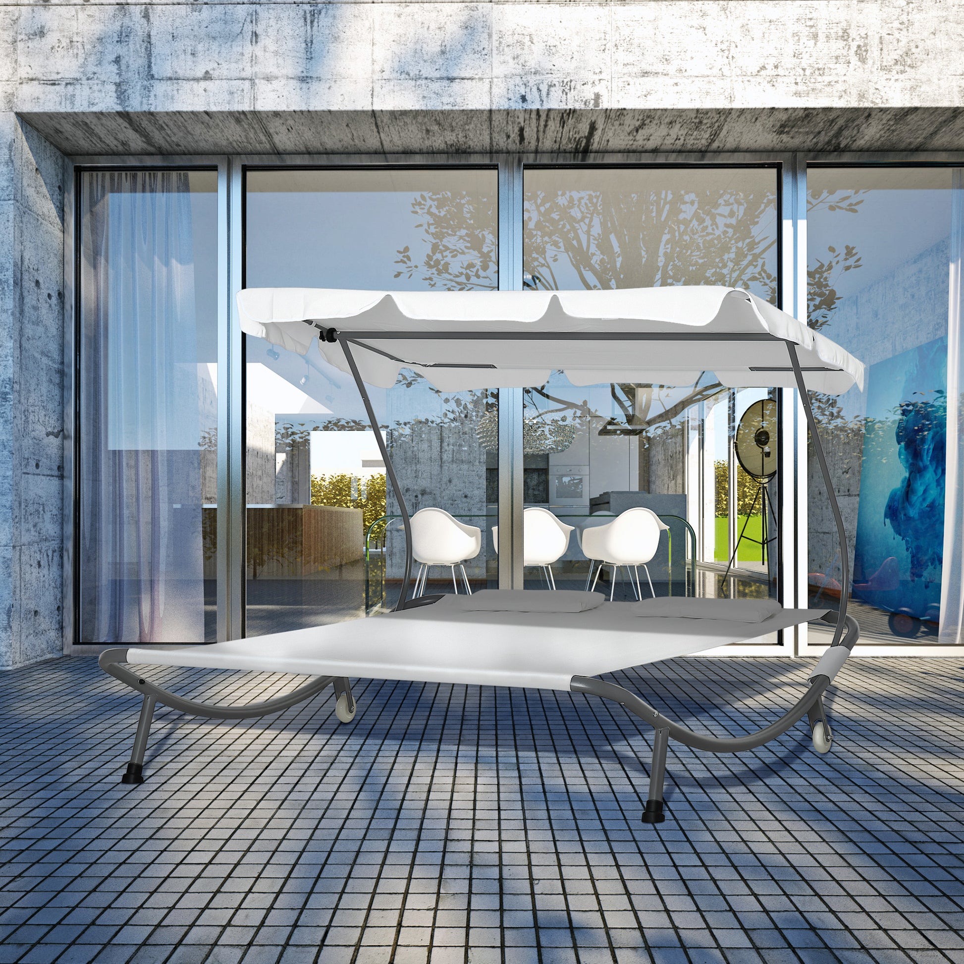 Sun Lounger with Wheels, Camping Bed with Headrest, UV-Resistant and Water-Repellent Canopy, Garden Bed Sun Lounger Holds Up to 220kg, Cream White, for Balcony, Garden