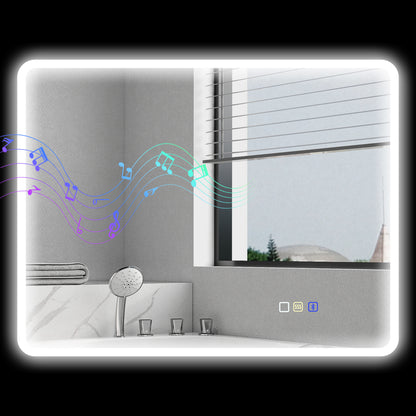 Bluetooth Bathroom Mirror 70 x 90 cm, Wall LED Bathroom Mirror with Touch Switch, 3 Color Adjustable Light, Anti-Fog, Memory - Silver